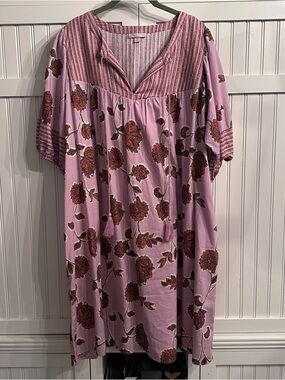 Knox Rose Pink Floral Striped Short Sleeve Boho Peasant Shift Dress. XXL
